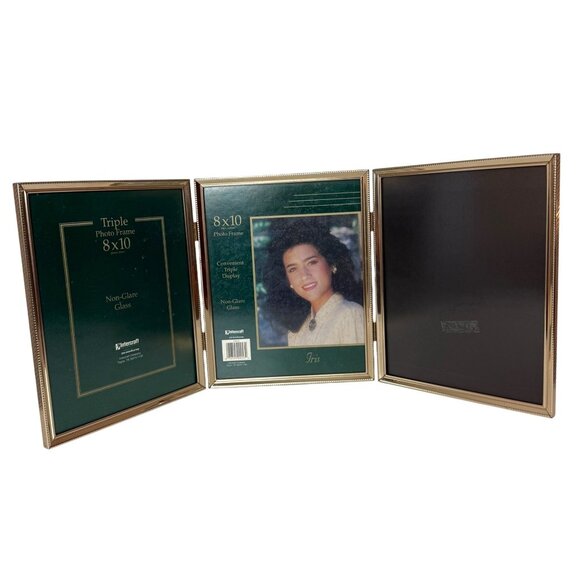 Triple Photo Frame Gold Tone Non Glare Glass VTG 8x10 Picture Tabletop Display - Picture 1 of 16